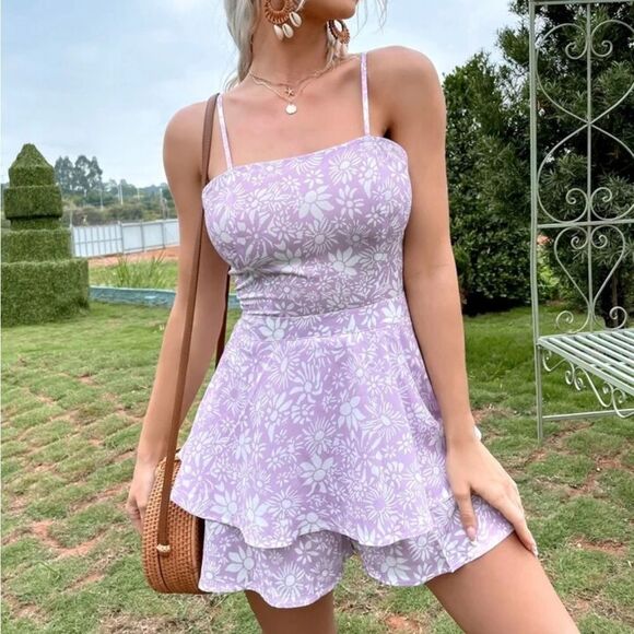 Eilly Bazar Floral Tie Back Layered Hem Romper L - Picture 6 of 8